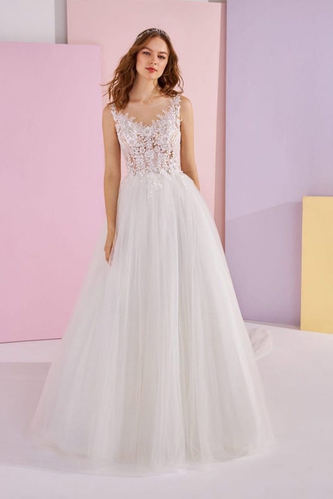 Elle White One 2021 robe de mariée évasée champêtre bustier dentelle bretelles dos boutonnière - Muses